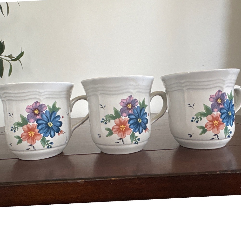 Vintage 80's Newcor Stoneware Mugs‎ Set of 3 Provincial Bouquet  Coffee Tea Cups